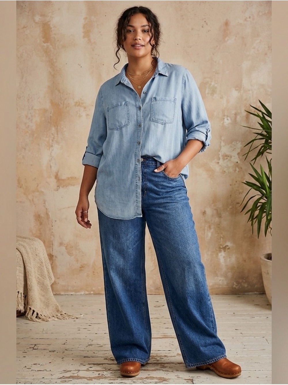 Velvet Heart Light Wash Blue Denim Tunic Shirt Roll Tab Sleeve 1X